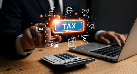 Businessman interacting with glowing tax information on a digital interface