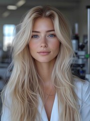 Fototapeta premium Natural beauty portrait of a blonde woman with long hair in a modern workspace