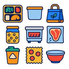 Bold Food Storage Icons. Flat vector icons of food preservation and storage containers: portion-control meal tray, modular storage