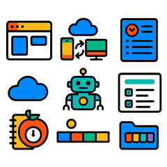 Productivity App Icons. Flat vector icons of productivity apps and workflow tools: tabbed workspace switcher, cross-platform sync