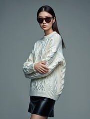 Stylish Woman in Oversized Chunky Knit Sweater and Leather Skirt