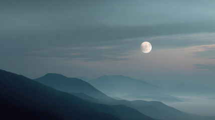 Mystical mountain range beneath a luminous full moon, a serene landscape bathed in tranquil blue hues.