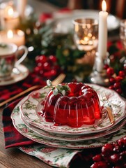 Retro dessert scene featuring vibrant red jelly on decorative plates, surrounded by festive candles and holiday decor, evoking nostalgic baking memories and warm gatherings