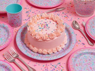 Retro dessert scene featuring a pink frosted cake surrounded by colorful plates, sprinkles, and utensils, evoking nostalgic baking memories and joyful celebrations