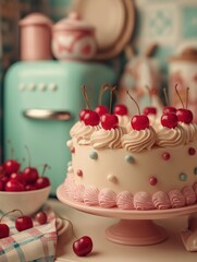 Retro dessert scene featuring a beautifully decorated cake topped with cherries, pastel colors, vintage kitchenware, and nostalgic ambiance evoking sweet memories of baking