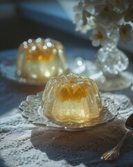 Nostalgic retro dessert featuring translucent jelly molds filled with fruit, elegantly presented on delicate lace tablecloth with soft natural light enhancing the vintage ambiance