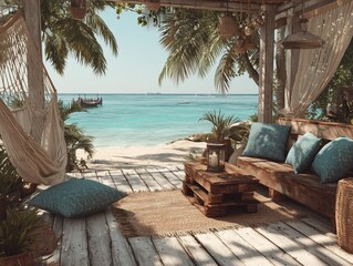 Tropical Beachfront Relaxation Spot: Rustic Wooden Furniture
