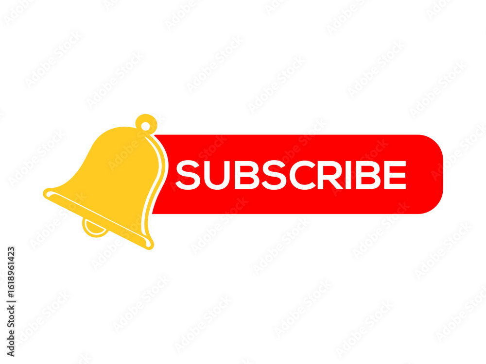 Aufkleber golden bell and red subscribe button design on white background inviting viewers to follow