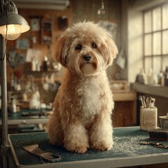 Adorable Fluffy Dog in a Rustic Workshop