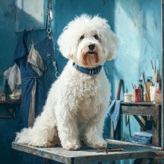 Charming White Dog in a Grooming Salon