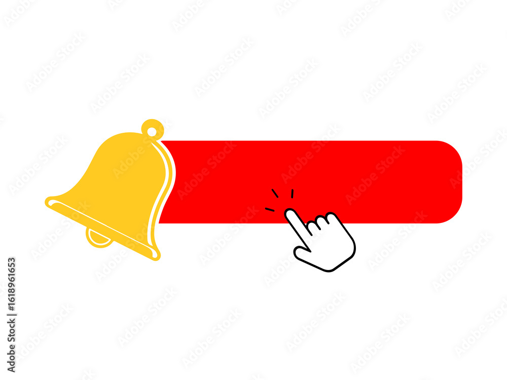 Aufkleber bright notification bell illustration with red button and pointer hand for subscribing to stay updat