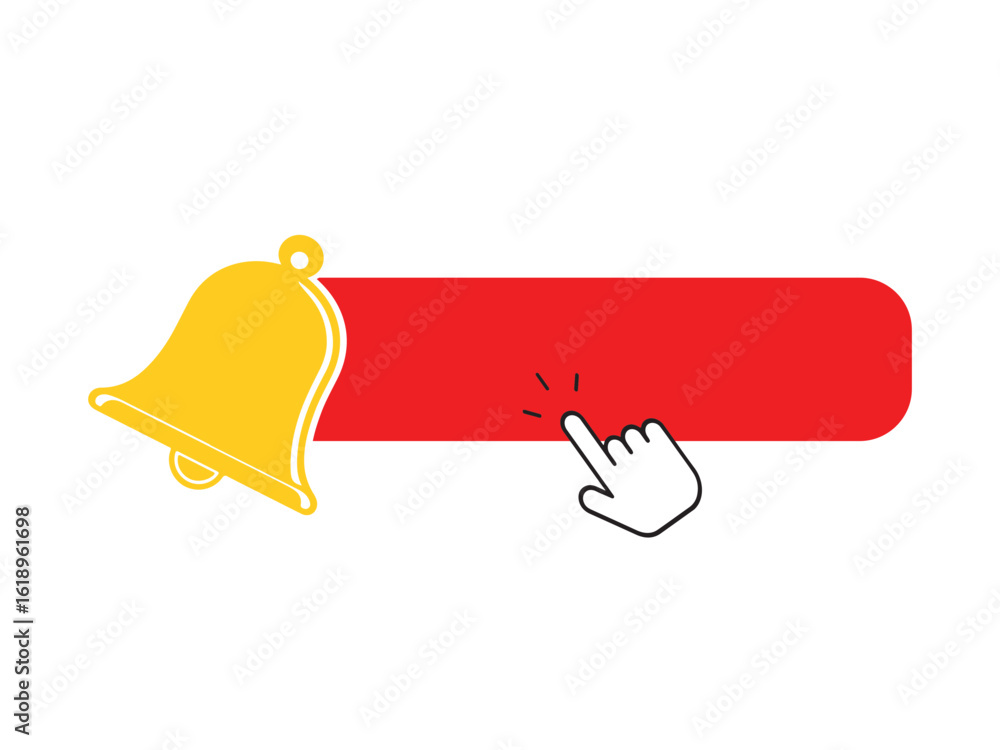 Aufkleber bright notification bell illustration with red button and pointer hand for subscribing to stay updat