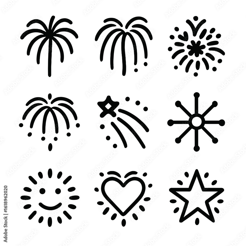 Poster firework icon grid. solid, filled icon set of visual firework patterns: palm tree, willow, peony, br