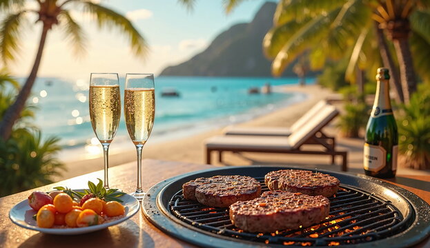 Romantic evening party on a tropical seashore with barbecue and champagne on the beach with sun loungers and the ocean at sunset. AI-Generated