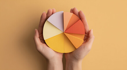 Colorful pie chart held in hands showing data analysis and business growth potential on soft pastel backdrop