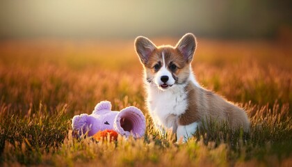 corgi puppy and toy in field