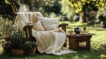 Cozy Outdoor Seating Area With Tea and Plants in a Sunny Garden Setting