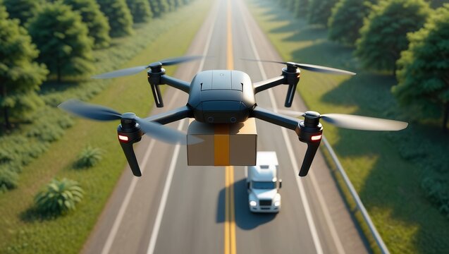 A Drone Delivery System in Action: An Aerial View of a Drone Carrying a Package Over a Truck on a Scenic Highway Surrounded by Lush Greenery