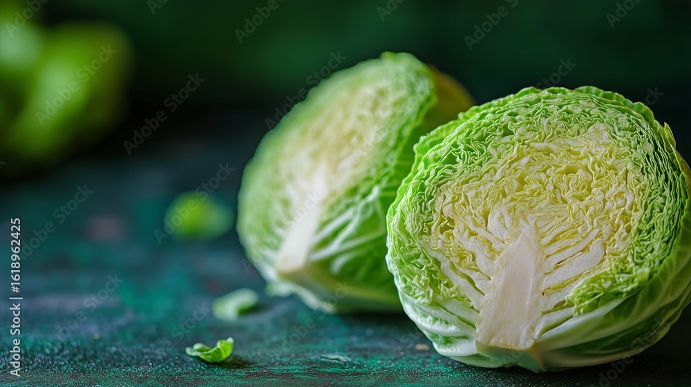 Poster fresh green cabbage with curled leaves displayed on a dark background in a culinary setting.