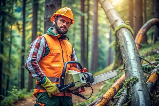A lumberjack stands in the forest with a chainsaw after cutting a tree, wearing safety gear