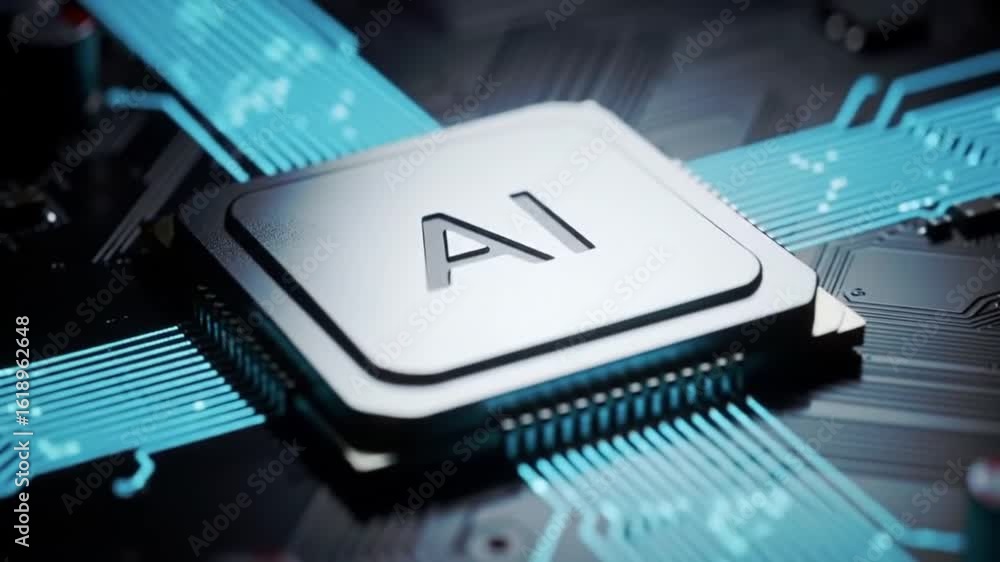 Poster close-up of an ai chip on a high-tech motherboard with glowing circuits around it.