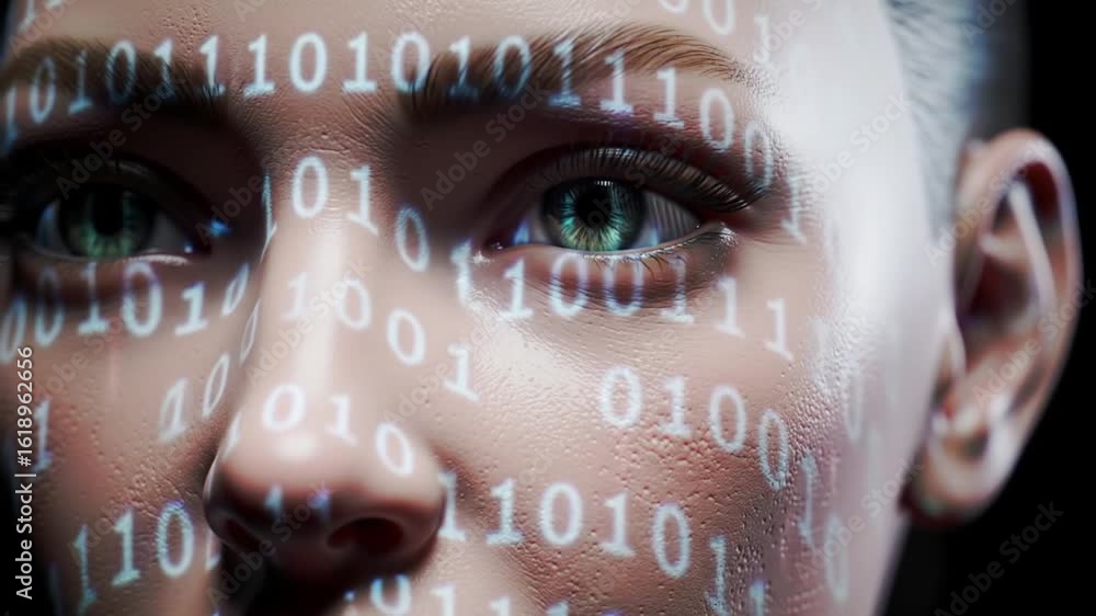 Poster close-up of a synthetic female face partially illuminated by code projections