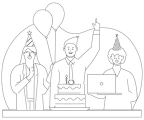 Flat Vector Stroke Black Color Design of Coworkers Celebrating an Employee’s Birthday With Cake Balloons and Party Hats in a Joyful Modern Office Setting