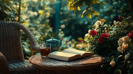 Relaxing Afternoon in a Garden With Tea and a Book