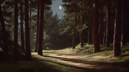 Obraz premium Moonlit Forest Path: Tall trees line a quiet path under the light of the moon, creating a serene landscape