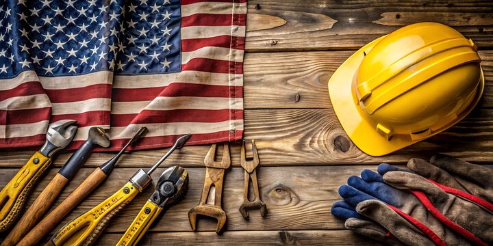 Labor day tools and american flag on a wooden background in a flat lay arrangement