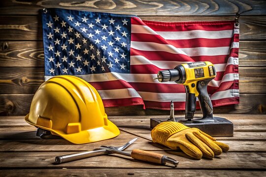 Labor day tools and american flag on a wooden background with a drill