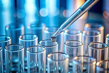 A pipette is carefully adding a drop of clear liquid into a test tube in a laboratory