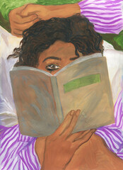 woman reading book. watercolor painting. illustration