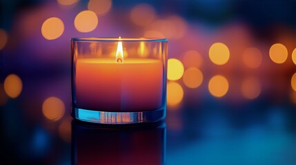 Soft Glow of a Lit Candle in a Glass Holder Against a Blurred Background of Colorful Lights.