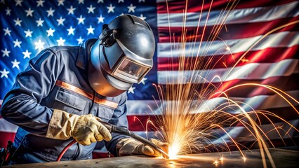 A welder working with sparks flying in front of an american flag creates a patriotic industrial scene