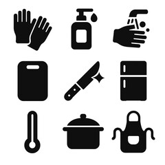 Food Safety Icons. Solid, filled icon set of food safety and hygiene: gloves, soap, handwashing, cutting board, clean knife,