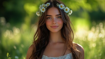 Young Woman Wearing Flower Crown in a Sunny Meadow During Spring