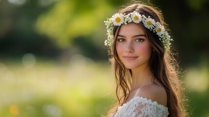 Young Woman With Floral Crown Smiles Amidst Blooming Wildflowers in a Sunny Meadow.