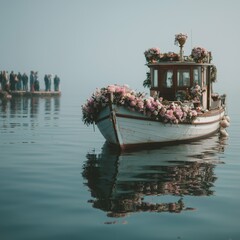 Floral Decorated Vintage Boat on Water