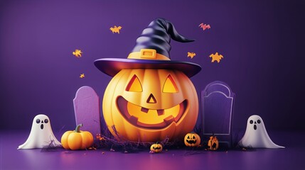 Festive Halloween Decorations Featuring a Smiling Pumpkin and Spooky Elements on a Purple Backdrop