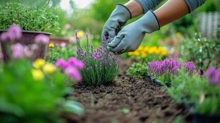 Gardener Tending to Lavender Plants in a Vibrant Summer Garden in the Early Morning Light