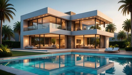 Fototapeta premium Luxurious Modern Mansion With Infinity Pool Surrounded by Tropical Gardens and Palm Trees Under a Bright Sunny Sky