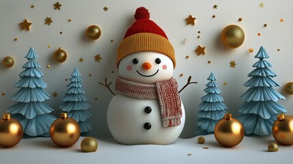 Cheerful Snowman Decorated for Winter Festivities With Ornaments and Trees