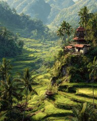 Serene Asian Rice Terraces and Mountain Views