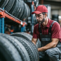 Tire Technician Inspecting Tires in Warehouse