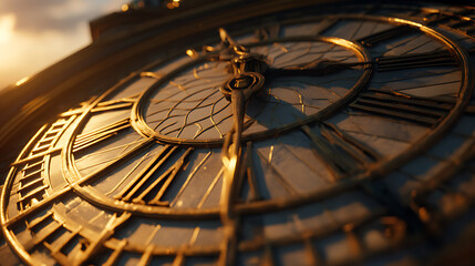 Obraz premium Ornate golden clock face with roman numerals and intricate hands time vintage