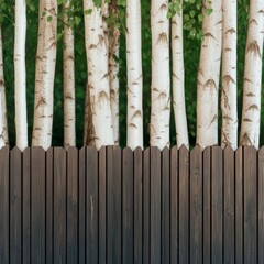 Fototapeta premium Birch Trees Behind Wooden Fence Rustic Backyard Scene, Landscape , Nature