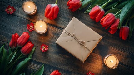 Gift Arrangement With Red Tulips and Candles on a Wooden Table for a Celebration