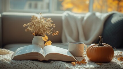 Cozy Autumn Setting With a Book, Coffee, Pumpkin, and Dried Flowers on a Sofa
