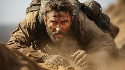 A soldier covered in dirt pushes through challenging muddy ground while performing rigorous military training. The rugged terrain adds to the grit of the exercise and showcases determination - Powered by Adobe